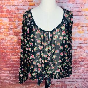 Semi sheer Hot Pink and Black Floral Boho Long Sleeved Peasant Blouse